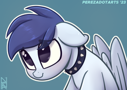 Size: 3200x2250 | Tagged: safe, artist:perezadotarts, oc, oc:slipstream, pegasus, pony, behaving like a dog, blue pony, boofy, collar, dilated pupils, ears back, high res, simple background, solo, spiked collar