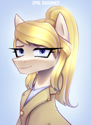 Size: 2047x2790 | Tagged: safe, artist:opal_radiance, oc, oc:issabella, earth pony, pony, blonde, blue eyes, bust, clothes, female, high res, jacket, mare, ponified, portrait, solo