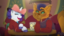 Size: 1189x672 | Tagged: safe, artist:faitheverlasting, capper dapperpaws, rarity, abyssinian, pony, unicorn, g4, alternate design, blushing, bow, capperity, clothes, commission, date, dress, duo, ear piercing, earring, female, hat, implied shipping, jewelry, laughing, male, necklace, piercing, shipping, straight, sweater vest