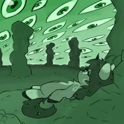 Size: 2000x2000 | Tagged: safe, artist:rivibaes, oc, oc:rivibaes, pony, unicorn, eye, eyes, eyes do not belong there, female, filly, foal, high res, lying down, monochrome, no mouth, on back, sky, solo, trippy