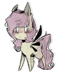 Size: 1142x1390 | Tagged: source needed, safe, artist:urbanqhoul, fluttershy, pegasus, pony, g4, alternate cutie mark, black wings, blushing, eye clipping through hair, eyebrows, eyebrows visible through hair, female, mare, pointy legs, simple background, solo, white background, white eyes, wings