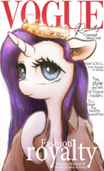 Size: 1171x1920 | Tagged: safe, artist:plotcore, rarity, pony, unicorn, g4, clothes, cover, crown, female, jewelry, mare, regalia, royalty, shirt, solo, text