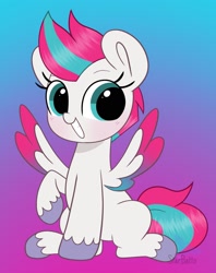 Size: 1365x1722 | Tagged: safe, artist:starbatto, zipp storm, pegasus, pony, g5, adorazipp, colored wings, cute, female, gradient background, grin, happy, looking at you, mare, multicolored wings, raised hoof, signature, sitting, smiling, smiling at you, solo, spread wings, unshorn fetlocks, wings
