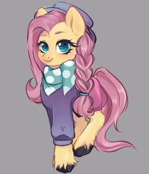 Size: 2400x2800 | Tagged: safe, artist:suracao, fluttershy, pegasus, pony, g4, alternate hairstyle, braid, clothes, cute, female, gray background, hat, high res, hipstershy, looking at you, mare, shyabetes, simple background, smiling, solo, unshorn fetlocks