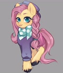 Size: 2400x2800 | Tagged: safe, artist:suracao, fluttershy, pegasus, pony, alternate hairstyle, braid, clothes, cute, female, gray background, hat, high res, hipstershy, looking at you, mare, shyabetes, simple background, smiling, solo, unshorn fetlocks