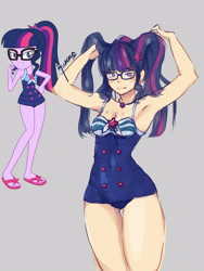 Size: 1200x1600 | Tagged: safe, artist:suracao, sci-twi, twilight sparkle, human, equestria girls, g4, alternate hairstyle, armpits, arms in the air, breasts, cleavage, clothes, female, flip-flops, glasses, gradient background, human coloration, one-piece swimsuit, ponytail, sandals, sci-twi swimsuit, solo, swimsuit