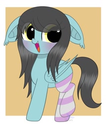 Size: 1304x1520 | Tagged: safe, artist:starbatto, oc, oc only, oc:flower popen, bat pony, pony, bat ears, bat pony oc, bat wings, blushing, clothes, cute, eye clipping through hair, female, floppy ears, folded wings, looking at you, mare, ocbetes, open mouth, raised leg, signature, socks, solo, striped socks, wings
