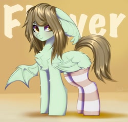 Size: 1884x1790 | Tagged: safe, artist:mysha, oc, oc only, oc:flower popen, bat pony, pony, bat ears, bat pony oc, bat wings, chest fluff, clothes, cute, female, floppy ears, looking at you, mare, ocbetes, one wing out, signature, socks, solo, striped socks, wings