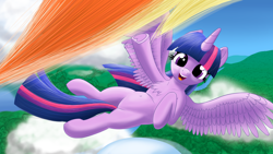 Size: 3840x2160 | Tagged: safe, artist:stellardust, rainbow dash, twilight sparkle, alicorn, pegasus, pony, g4, 4k, belly, belly button, chest fluff, cloud, cute, female, flying, high res, looking at you, mare, offscreen character, open mouth, open smile, pov, smiling, solo focus, twiabetes, twilight sparkle (alicorn), underhoof, waving