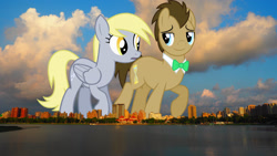 Size: 2048x1152 | Tagged: safe, anonymous editor, artist:dashiesparkle, artist:solusjbj, edit, derpy hooves, doctor whooves, time turner, earth pony, pegasus, pony, g4, background pony, bowtie, duo, female, giant pony, giantess, highrise ponies, irl, macro, male, mare, photo, ponies in real life, stallion, story included