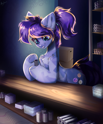 Size: 2500x3000 | Tagged: safe, artist:mysha, oc, oc only, oc:magnetic hug, crystal pony, pony, box, commission, female, high res, magnet, mare, shop, solo