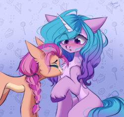 Size: 2107x2000 | Tagged: safe, artist:mysha, izzy moonbow, sunny starscout, earth pony, pony, unicorn, g5, my little pony: a new generation, abstract background, blushing, braid, chest fluff, coat markings, concave belly, duo, duo female, ear fluff, eyes closed, facial markings, female, floppy ears, gradient background, high res, horn, lesbian, licking, mare, pale belly, raised hoof, saliva puddle, ship:moonscout, shipping, signature, slender, snip (coat marking), thin, tongue out, unshorn fetlocks