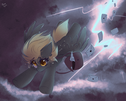 Size: 2500x2000 | Tagged: safe, artist:mysha, derpy hooves, pegasus, pony, g4, crying, female, flying, high res, letter, lightning, mare, signature, sky, solo, spread wings, wings