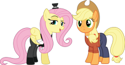 Size: 3608x1870 | Tagged: safe, artist:edy_january, edit, vector edit, applejack, fluttershy, earth pony, pegasus, pony, g4, applejack's hat, balenciaga, balenciaga fashion show 2023, black west, clothes, cowboy hat, denim, duo, duo female, fashion, female, france, hat, jeans, lesbian, link in description, long pants, looking at you, orange shirt, outfit, outfits, pants, ship:appleshy, shipping, shirt, shoes, simple background, t-shirt, transparent background, united states, vector, white shirt