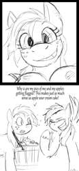Size: 1280x2760 | Tagged: safe, artist:corevaluesart, applejack, rainbow dash, earth pony, pegasus, pony, g4, 2 panel comic, apple, comic, duo, food, laughing, monochrome, not what it looks like, oblivious, photo, simple background, sketch, white background