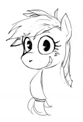 Size: 963x1410 | Tagged: safe, artist:corevaluesart, applejack, earth pony, pony, g4, bust, grin, hatless, missing accessory, monochrome, simple background, sketch, smiling, solo, white background