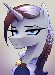 Size: 2003x2697 | Tagged: safe, artist:opal_radiance, oc, oc only, oc:arcane nova, pony, unicorn, equestria at war mod, braid, braided ponytail, bust, eyebrows, female, gradient background, hair tie, high res, horn, lidded eyes, lipstick, looking at you, mare, new mareland, ponytail, portrait, redraw, smiling, smiling at you, solo, unicorn oc