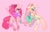 Size: 4096x2607 | Tagged: safe, artist:mulemount, fluttershy, pinkie pie, pegasus, pony, g4, blue tongue, bowtie, clothes, duo, female, heart, mare, pink background, pink mane, pink tail, simple background, tail, watermark, wings, yellow coat