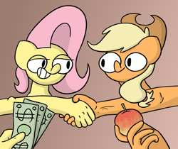 Size: 1280x1077 | Tagged: safe, artist:switchy, applejack, fluttershy, earth pony, pegasus, anthro, g4, apple, duo, female, food, gradient background, handshake, money, suddenly hands, wat