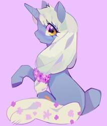 Size: 2640x3096 | Tagged: safe, artist:mulemount, oc, oc only, pony, unicorn, female, flower, flower in tail, hair tie, high res, looking at you, looking back, pink background, simple background, solo, tail