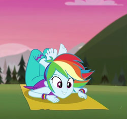 Size: 672x628 | Tagged: safe, artist:paco777yuyu, edit, edited screencap, screencap, rainbow dash, human, equestria girls, equestria girls specials, g4, my little pony equestria girls: better together, my little pony equestria girls: sunset's backstage pass, wake up!, wake up!: rainbow dash, clothes, cute, feet, female, gym, pants, pose, rainbow, relaxing, soles, solo, yoga, yoga pants