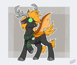 Size: 2480x2081 | Tagged: safe, artist:rutkotka, oc, oc only, changeling, deer, hybrid, pony, antlers, clothes, cloven hooves, cute, fangs, glasses, high res, holeless, hybrid oc, orange changeling, passepartout, raised hoof, scarf, smiling, spread wings, standing, wings