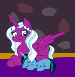 Size: 720x739 | Tagged: source needed, safe, artist:misty arcana(eva.zz), misty brightdawn, opaline arcana, alicorn, pony, unicorn, g5, duo, eyes closed, female, filly, filly misty brightdawn, foal, folded wings, indoors, looking at someone, looking down, lying down, mama opaline, mare, nicealine, prone, sleeping, smiling, wings, younger