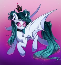Size: 1738x1837 | Tagged: safe, artist:in4ri_, oc, oc only, oc:namii, bat pony, pony, bat pony oc, bat wings, collar, cute, ear fluff, female, glasses, gradient background, mare, ocbetes, signature, smiling, solo, spread wings, wings