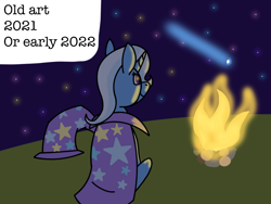 Size: 1024x768 | Tagged: safe, artist:php176, trixie, pony, unicorn, g4, 2021, 2022, calm, campfire, cape, clothes, cute, diatrixes, facing away, female, fire, happy, hat, hill, mare, night, old art, shooting star, sitting, solo, stars, text, trixie's cape, trixie's hat