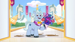 Size: 1920x1080 | Tagged: safe, screencap, alphabittle blossomforth, pony, unicorn, g5, mare family mare problems, my little pony: tell your tale, spoiler:g5, spoiler:my little pony: tell your tale, spoiler:tyts01e51, bouquet of flowers, bowtie, clothes, flower, male, open mouth, open smile, smiling, solo, stallion, tuxedo
