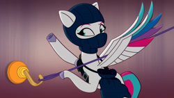 Size: 3072x1727 | Tagged: safe, screencap, zipp storm, pegasus, pony, g5, mare family mare problems, my little pony: tell your tale, spoiler:g5, spoiler:my little pony: tell your tale, spoiler:tyts01e51, balaclava, female, flying, mare, solo, spread wings, sweat, sweatdrop, wings