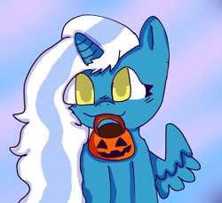 Size: 1034x948 | Tagged: safe, artist:blueberrymilkie, oc, oc only, oc:fleurbelle, alicorn, pony, alicorn oc, female, horn, looking at you, mare, mouth hold, pumpkin bucket, solo, wings, yellow eyes