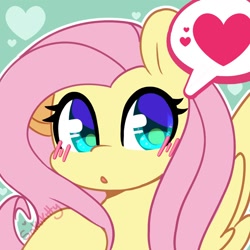 Size: 1200x1200 | Tagged: safe, artist:sakukitty, fluttershy, pegasus, pony, g4, blushing, cute, female, heart, looking at you, mare, open mouth, shyabetes, signature, solo