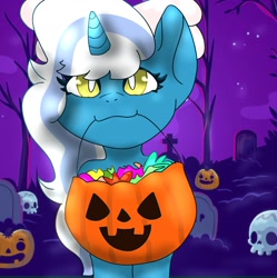 Size: 1624x1630 | Tagged: safe, artist:aiko0draws, oc, oc only, oc:fleurbelle, alicorn, pony, alicorn oc, bow, candy, cute, female, food, grave, gravestone, graveyard, hair bow, horn, mare, night, open mouth, pumpkin bucket, skull, solo, tree, wings, yellow eyes