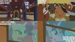 Size: 2000x1125 | Tagged: safe, edit, edited screencap, editor:quoterific, screencap, fluttershy, pinkie pie, rainbow dash, rarity, twilight sparkle, bison, buffalo, earth pony, pegasus, pony, unicorn, g4, over a barrel, feather, train, unnamed buffalo, unnamed character, window