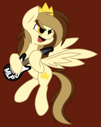 Size: 2131x2679 | Tagged: safe, artist:derpyalex2, oc, oc only, oc:prince whateverer, pegasus, pony, brown background, crown, digital art, electric guitar, flying, guitar, high res, jewelry, musical instrument, regalia, simple background, solo