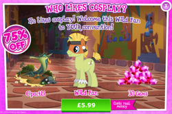 Size: 1957x1300 | Tagged: safe, gameloft, cipactli, escoba verde, crocodile, pony, unicorn, g4, my little pony: magic princess, advertisement, bush, clothes, costs real money, costume, ear piercing, earring, english, face paint, gem, headband, horn, introduction card, jewelry, male, mobile game, mud, numbers, piercing, sale, solo, stallion, text