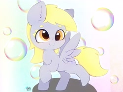 Size: 4000x3000 | Tagged: safe, artist:zokkili, derpy hooves, pegasus, pony, g4, bubble, cute, derpabetes, female, filly, filly derpy, foal, high res, looking at you, raised hoof, raised leg, signature, smiling, smiling at you, solo, spread wings, wings, younger