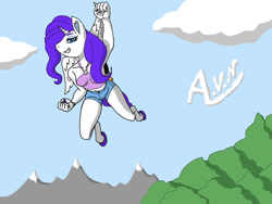 Size: 1032x774 | Tagged: safe, artist:nomoreafailure, rarity, alicorn, anthro, g4, alicornified, clenched fist, clothes, flying, grin, hot pants, mountain, mountain range, race swap, raricorn, sky, smiling