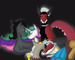 Size: 5000x4000 | Tagged: safe, artist:sh4deshad0w41, discord, king sombra, lord tirek, princess celestia, alicorn, centaur, draconequus, pony, unicorn, taur, g4, a better ending for sombra, a better ending for tirek, black background, celestia gets all the stallions, celestia gets all the villains, celestirek, curved horn, eyes closed, female, foursome, glowing, horn, horns are touching, hug, looking at someone, male, male and female, ship:celestibra, ship:dislestia, shipping, simple background, smiling, smirk, somblestirecord, straight, touching hooves, villains of equestria