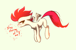 Size: 3000x2000 | Tagged: safe, alternate version, artist:o0o-bittersweet-o0o, oc, oc:bittersweet, pegasus, pony, angry, blushing, chest fluff, digital art, ears back, eyelashes, female, floating wings, floppy ears, flying, high res, looking back, mare, simple background, sketch, solo, text, wings