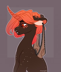 Size: 3011x3564 | Tagged: safe, artist:dreamyrat, oc, oc only, pony, unicorn, commission, ear piercing, high res, horn, looking down, nose piercing, open mouth, piercing, red eyes, red mane, simple background, solo, unicorn oc