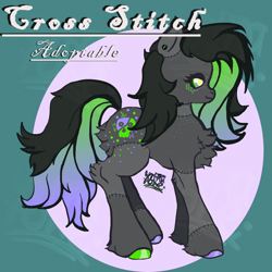 Size: 1500x1500 | Tagged: safe, artist:umbrapone, oc, oc:cross stitch, earth pony, pony, undead, adoptable, chest fluff, glowing, glowing eyes, goth, gradient mane, gradient tail, green eyes, hooves, leg fluff, multicolored hair, multicolored hooves, multicolored mane, multicolored tail, neon, skull, stitches, tail, unshorn fetlocks