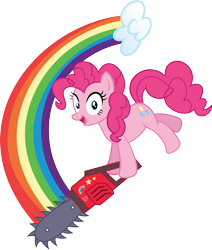 Size: 2568x3034 | Tagged: safe, artist:jaye, pinkie pie, earth pony, pony, cupcakes hd, cutiemarks (and the things that bind us), lesbian ponies with weapons, vylet pony, g4, chainsaw, cloud, female, high res, holding, mare, open mouth, open smile, rainbow, show accurate, smiling, solo, vector