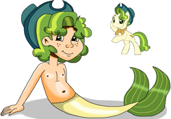 Size: 1025x715 | Tagged: safe, artist:ocean lover, pistachio, earth pony, human, merboy, merman, g4, adorable face, bare shoulders, belly, belly button, chest, clothes, cowboy hat, cute, fins, freckles, green eyes, green hair, happy, hat, human coloration, humanized, leaning, leaning back, looking down, male, mermay, ms paint, reference used, scarf, shadow, simple background, sitting, smiling, species swap, stetson, tail, tail fin, teenager, white background