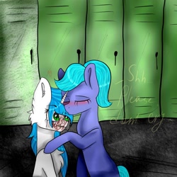 Size: 1280x1280 | Tagged: safe, artist:deadsmoke, oc, oc only, oc:kate sanders, oc:snowflake white, earth pony, pony, unicorn, blushing, chest fluff, crying, duo, ear fluff, kissing, lockers, scar, school, teenager, text