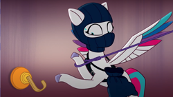 Size: 1022x576 | Tagged: safe, screencap, zipp storm, pegasus, pony, g5, mare family mare problems, my little pony: tell your tale, spoiler:g5, spoiler:my little pony: tell your tale, spoiler:tyts01e51, balaclava, female, flying, mare, ski mask, solo, spread wings, sweat, sweatdrop, wings