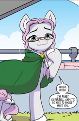Size: 750x1153 | Tagged: safe, artist:amy mebberson, idw, pansy silverbell, earth pony, pony, g5, spoiler:comic, spoiler:g5, spoiler:g5comic, spoiler:g5comic12, cloak, clothes, comic, dialogue, female, glasses, mare, solo, speech bubble, unshorn fetlocks