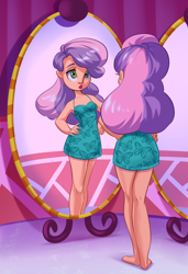 Size: 1326x1944 | Tagged: safe, artist:kittytitikitty, sweetie belle, human, g4, bare shoulders, barefoot, clothes, dress, feet, female, hand on hip, humanized, mirror, older, older sweetie belle, sleeveless