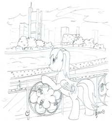 Size: 1665x1809 | Tagged: safe, artist:parclytaxel, oc, oc only, oc:parcly taxel, alicorn, pony, ain't never had friends like us, albumin flask, alicorn oc, bridge, butt, commerzbank tower, eisener steg, female, frankfurt, germany, horn, leaning, lineart, lock, love lock, main (river), mare, monochrome, padlock, parcly taxel in europe, pencil drawing, plot, river, skyscraper, solo, story included, traditional art, water, wings